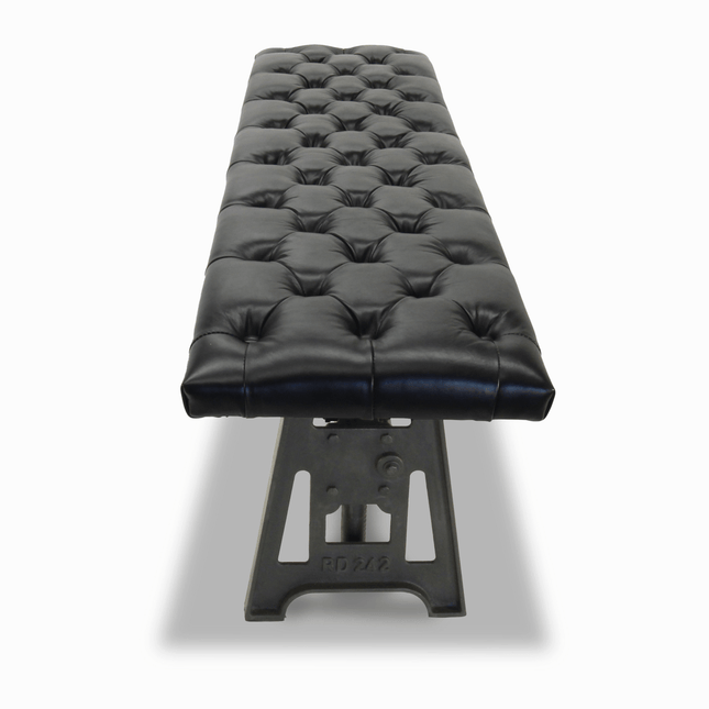 Industrial Dining Bench Seat - Cast Iron Base - Adjustable Black Leather Top - Rustic Deco