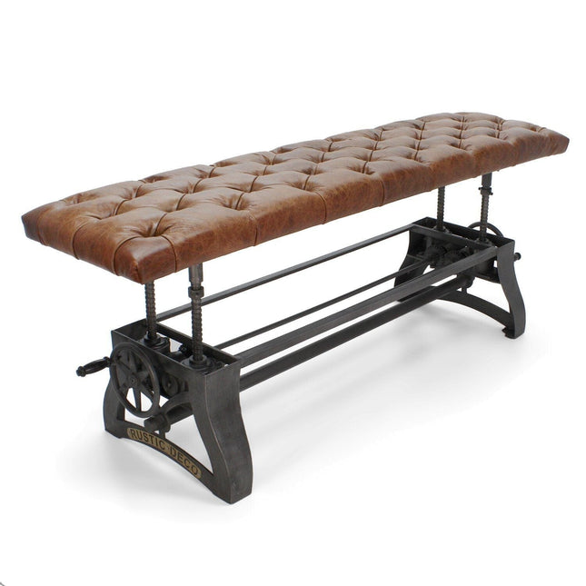 Crescent Industrial Dining Bench - Adjustable Iron Base - Brown Leather Seat - Rustic Deco