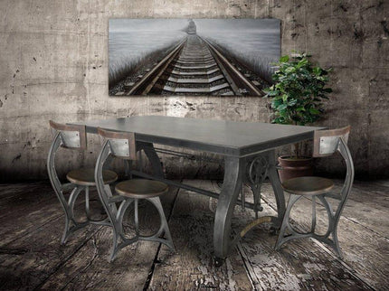 Crescent Industrial Dining Table - Adjustable Height - Casters - Gray Top - Rustic Deco