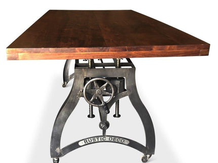 Crescent Industrial Dining Table - Adjustable Height - Casters - Mahogany - Rustic Deco