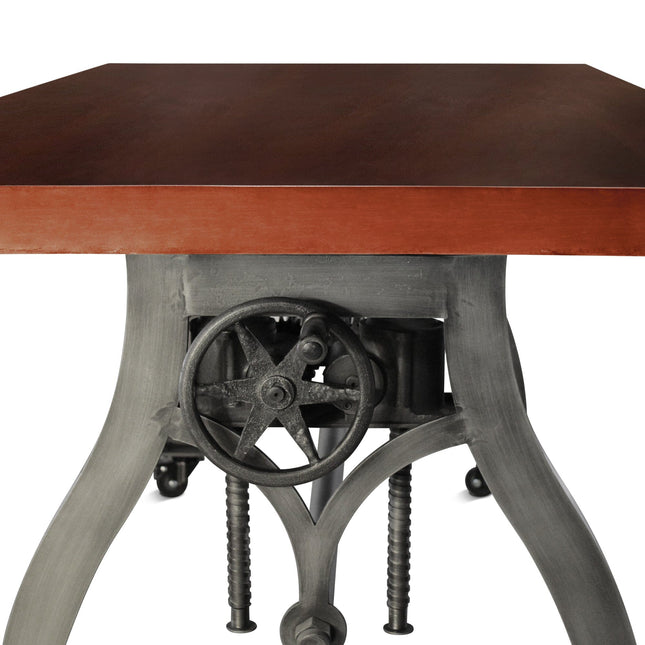 Crescent Industrial Dining Table - Adjustable Height - Casters - Mahogany - Rustic Deco