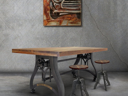 Crescent Industrial Dining Table - Adjustable Height - Casters - Natural Top - Rustic Deco