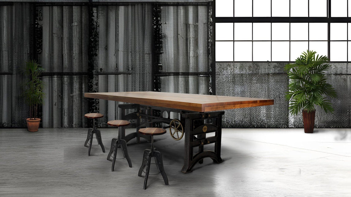 Harvester Industrial Communal Table - Iron Adjustable Base - Natural Top - Rustic Deco