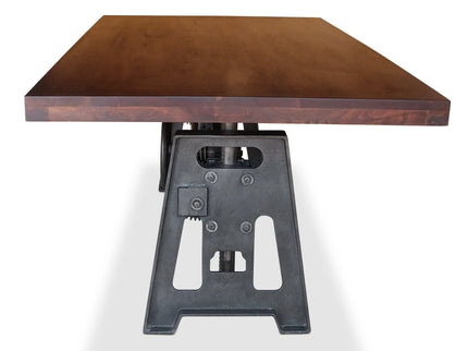 Industrial Dining Table - Cast Iron Base - Adjustable Height Crank - Mahogany - Rustic Deco