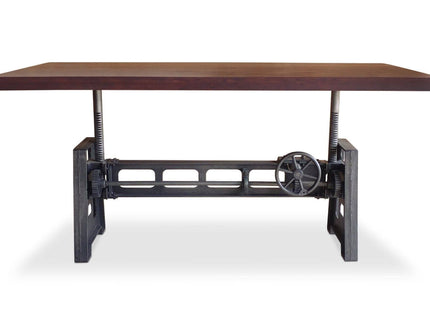 Industrial Dining Table - Cast Iron Base - Adjustable Height Crank - Mahogany - Rustic Deco