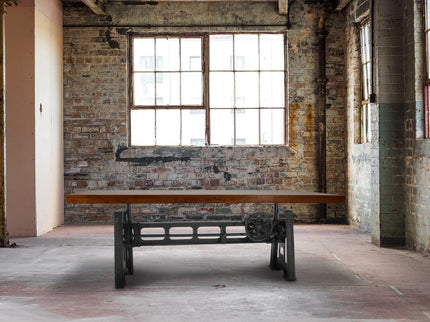 Industrial Dining Table - Cast Iron Base - Adjustable Height Crank - Natural Top - Rustic Deco