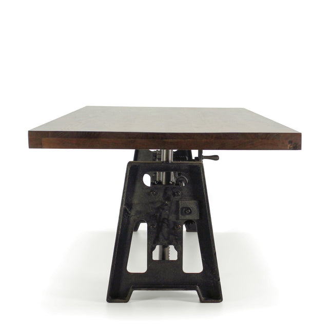 Industrial Dining Table - Cast Iron Base - Adjustable Height Crank - Walnut - Rustic Deco