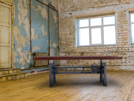 Industrial Dining Table - Cast Iron Base - Adjustable Height - Rustic Mahogany - Rustic Deco