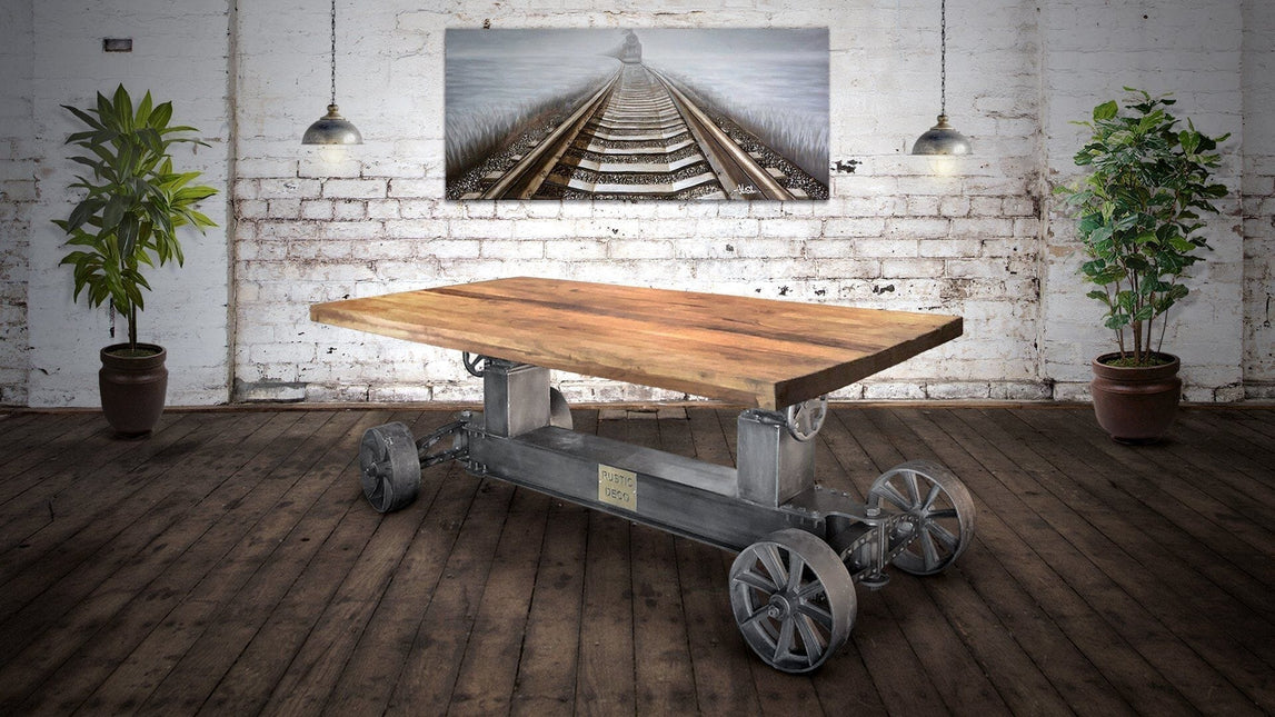 Industrial Trolley Dining Table - Iron Wheels Adjustable Crank - Natural Rustic - Rustic Deco