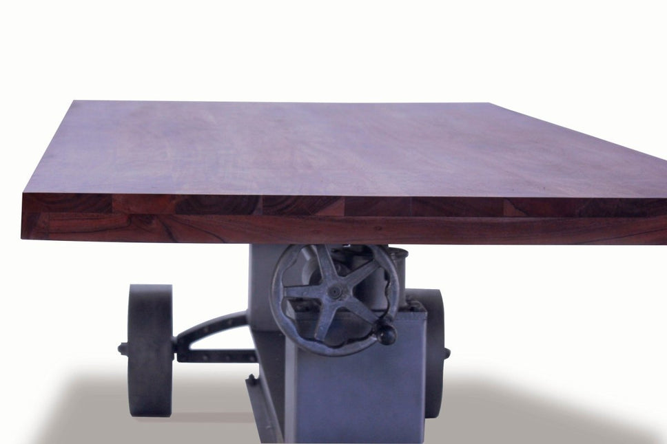 Industrial Trolley Dining Table - Iron Wheels - Adjustable - Provincial Top - Rustic Deco