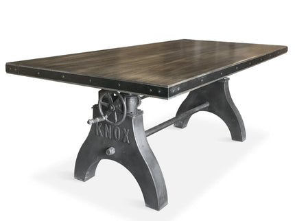 KNOX Adjustable Height Dining Table - Cast Iron Crank Base - Gray Top - Rustic Deco