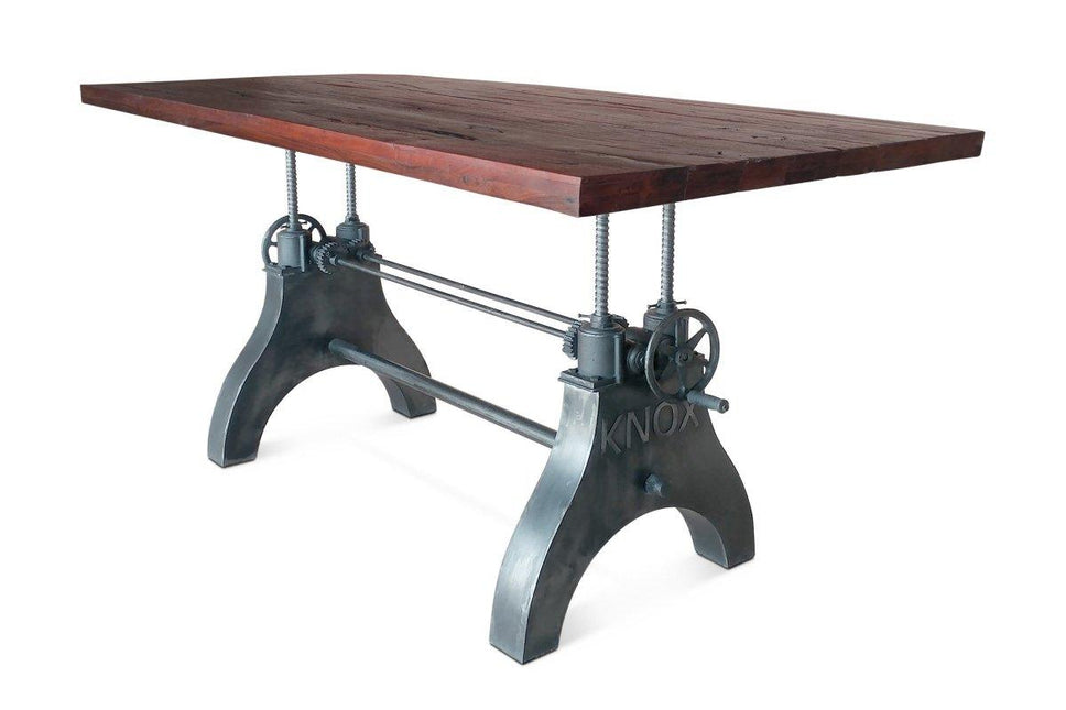KNOX Adjustable Height Dining Table - Cast Iron Crank Base - Natural Rustic - Rustic Deco