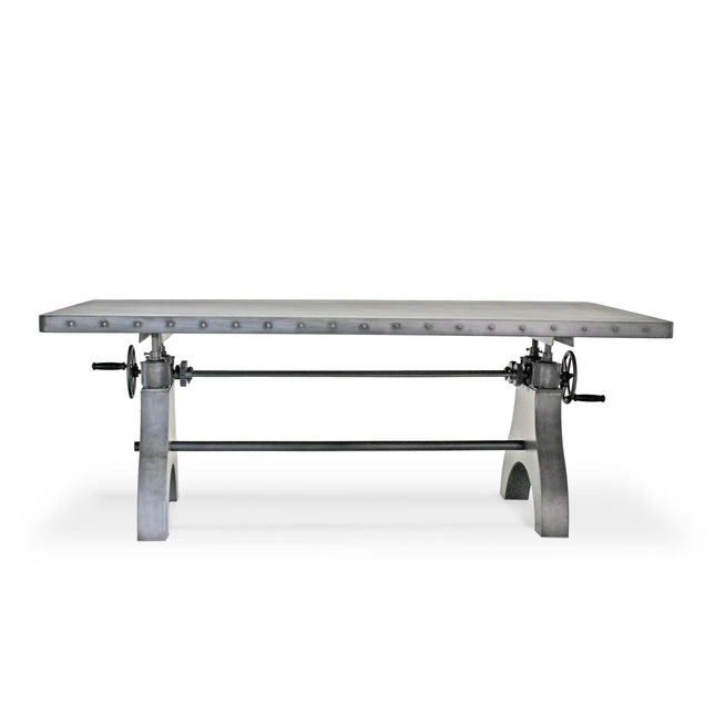KNOX Adjustable Height Dining Table - Cast Iron Crank Base - Steel Top - Rustic Deco