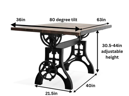 KNOX Industrial Drafting Writing Table Adjustable Height Iron Base - Tilt Top - Rustic Deco