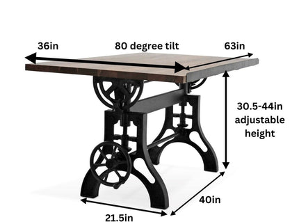 KNOX Industrial Drafting Writing Table Adjustable Height Iron Base - Tilt Top - Rustic Deco