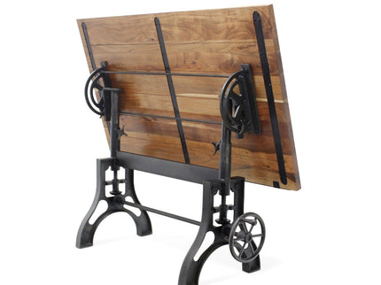 KNOX Industrial Drafting Writing Table Adjustable Height Iron Base - Tilt Top - Rustic Deco