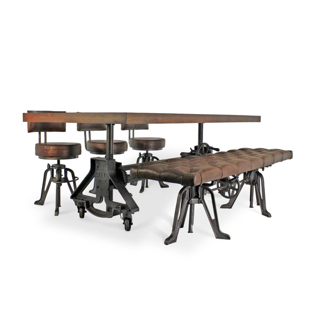 OTIS Industrial Dining Table Set - Bench and 3 Chairs - Leather Cushions - Rustic Deco