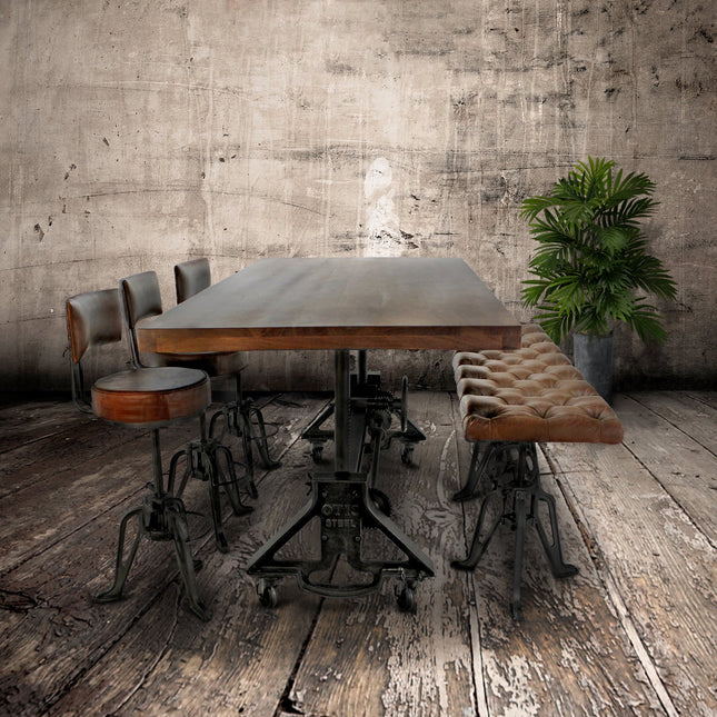 OTIS Industrial Dining Table Set - Bench and 3 Chairs - Leather Cushions - Rustic Deco