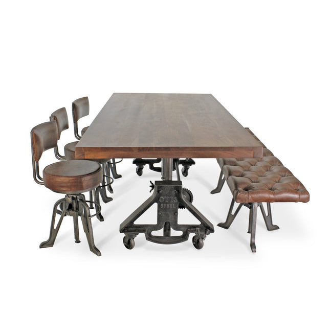 OTIS Industrial Dining Table Set - Bench and 3 Chairs - Leather Cushions - Rustic Deco