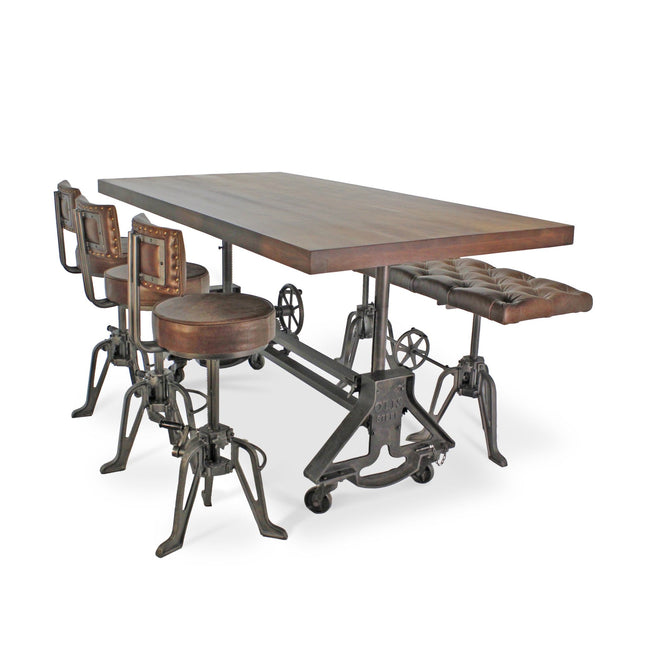 OTIS Industrial Dining Table Set - Bench and 3 Chairs - Leather Cushions - Rustic Deco
