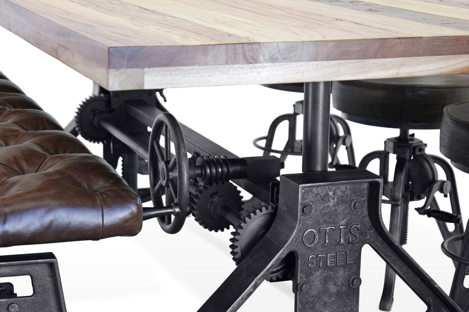 OTIS Industrial Dining Table Set - Bench and 3 Chairs - Leather Cushions - Rustic Deco