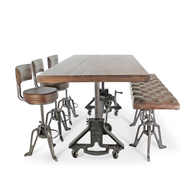 OTIS Industrial Dining Table Set - Bench and 3 Chairs - Leather Cushions - Rustic Deco
