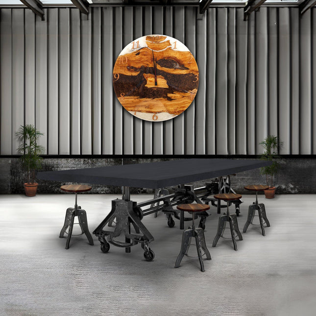 Otis Steel Communal Table - Adjustable Height - Iron Crank - Casters - Ebony Top - Rustic Deco