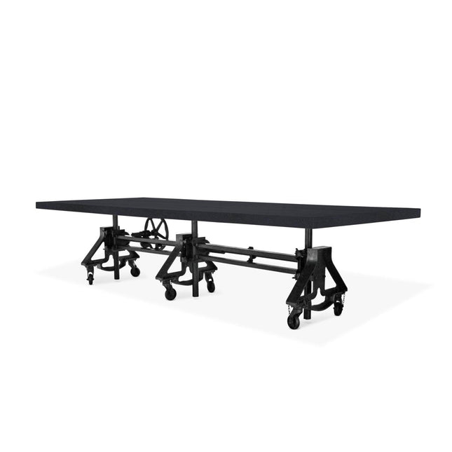 Otis Steel Communal Table - Adjustable Height - Iron Crank - Casters - Ebony Top - Rustic Deco