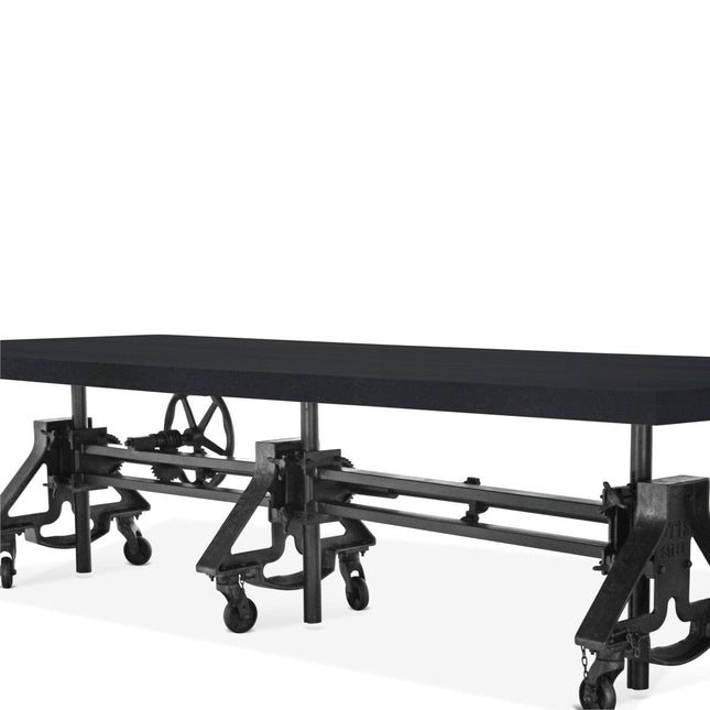 Otis Steel Communal Table - Adjustable Height - Iron Crank - Casters - Ebony Top - Rustic Deco