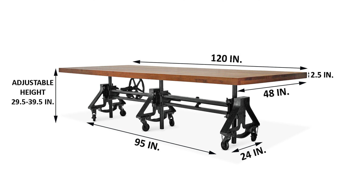 Otis Steel Communal Table - Adjustable - Iron Base - Casters - Natural Top - Rustic Deco
