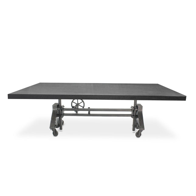 Otis Steel Dining Table - Adjustable Height Iron Base - Casters - 8ft Ebony Top - Rustic Deco