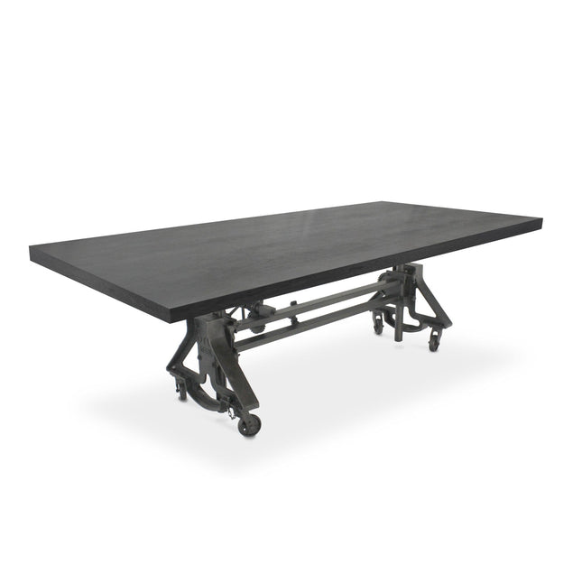 Otis Steel Dining Table - Adjustable Height Iron Base - Casters - 8ft Ebony Top - Rustic Deco