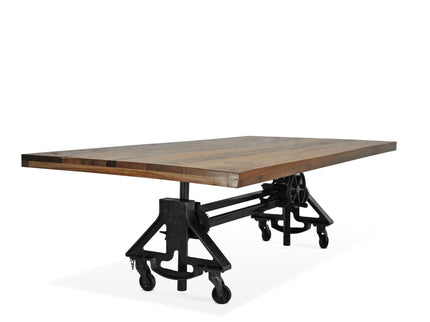 Otis Steel Dining Table - Adjustable Height Iron Base - Casters - 8ft Natural Rustic Top - Rustic Deco