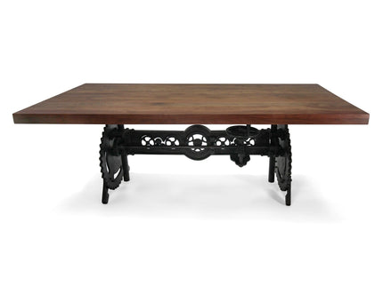 Steampunk Adjustable Dining Table - Iron Crank Base - Provincial Top - Rustic Deco