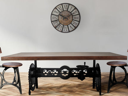 Steampunk Adjustable Dining Table - Iron Crank Base - Provincial Top - Rustic Deco