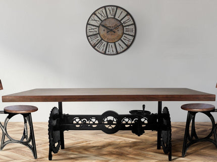 Steampunk Adjustable Dining Table - Iron Crank Base - Provincial Top - Rustic Deco