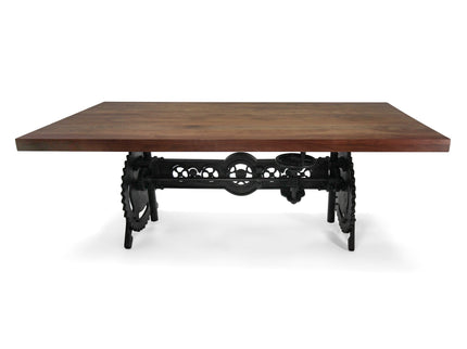 Steampunk Adjustable Dining Table - Iron Crank Base - Provincial Top - Rustic Deco