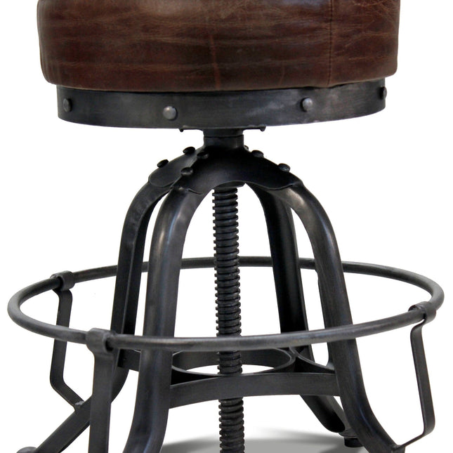 Adjustable Bar Stool - Steel Base - Leather Seat - Vintage Industrial - Rustic Deco