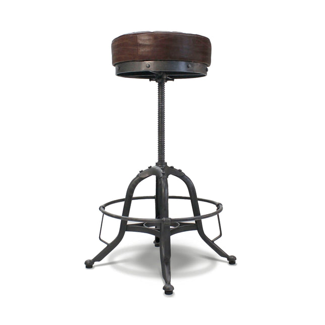 Adjustable Bar Stool - Steel Base - Leather Seat - Vintage Industrial - Rustic Deco