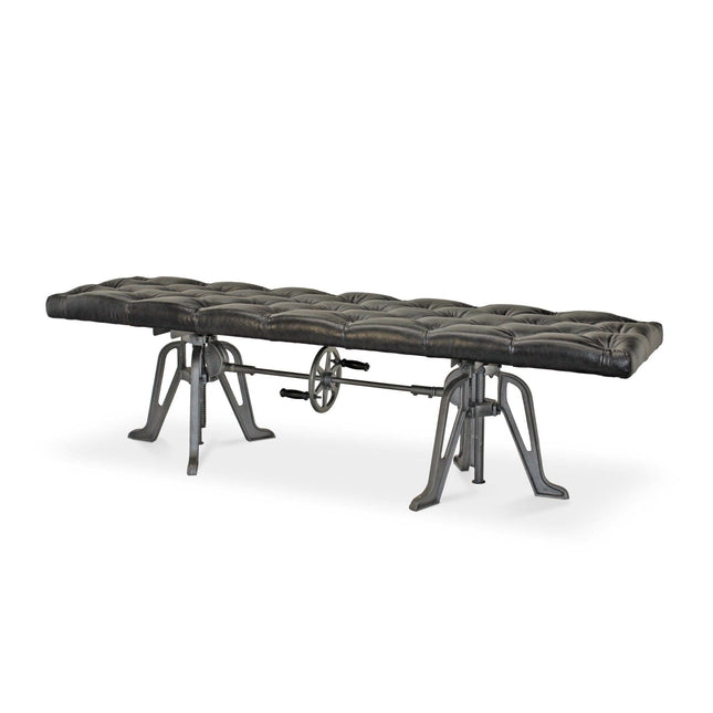 Adjustable Industrial Dining Bench - Cast Iron - Black Tufted Leather - 70" - Rustic Deco