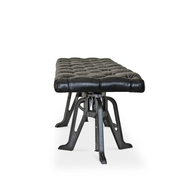 Adjustable Industrial Dining Bench - Cast Iron - Black Tufted Leather - 70" - Rustic Deco