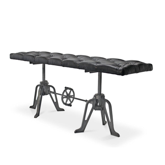 Adjustable Industrial Dining Bench - Cast Iron - Black Tufted Leather - 70" - Rustic Deco