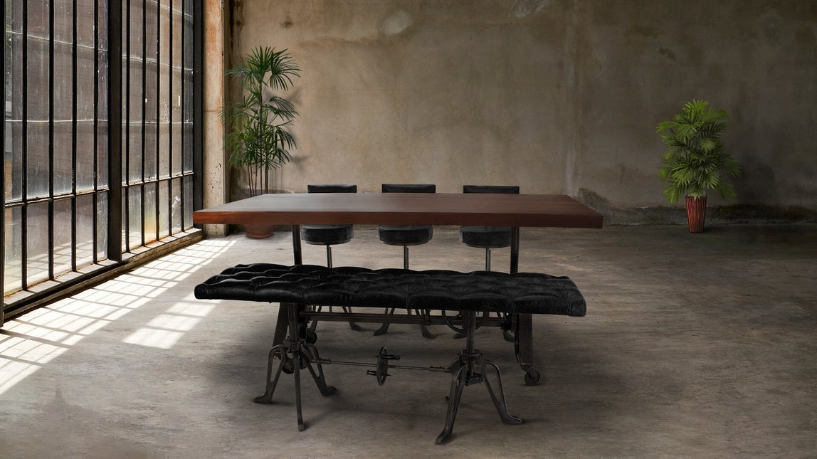 Adjustable Industrial Dining Bench - Cast Iron - Black Tufted Leather - 70" - Rustic Deco