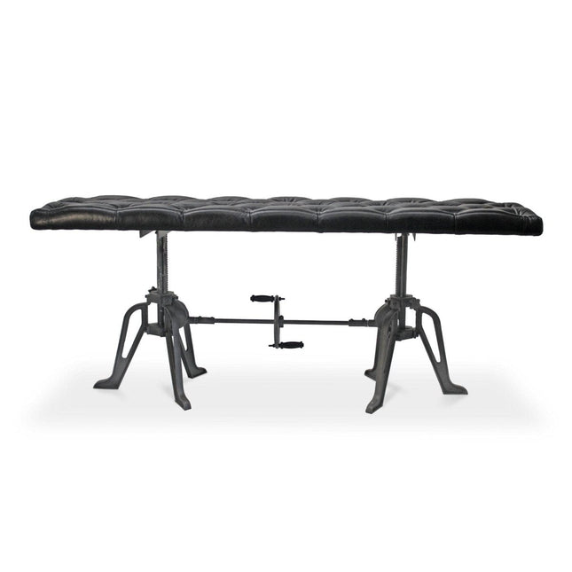 Adjustable Industrial Dining Bench - Cast Iron - Black Tufted Leather - 70" - Rustic Deco