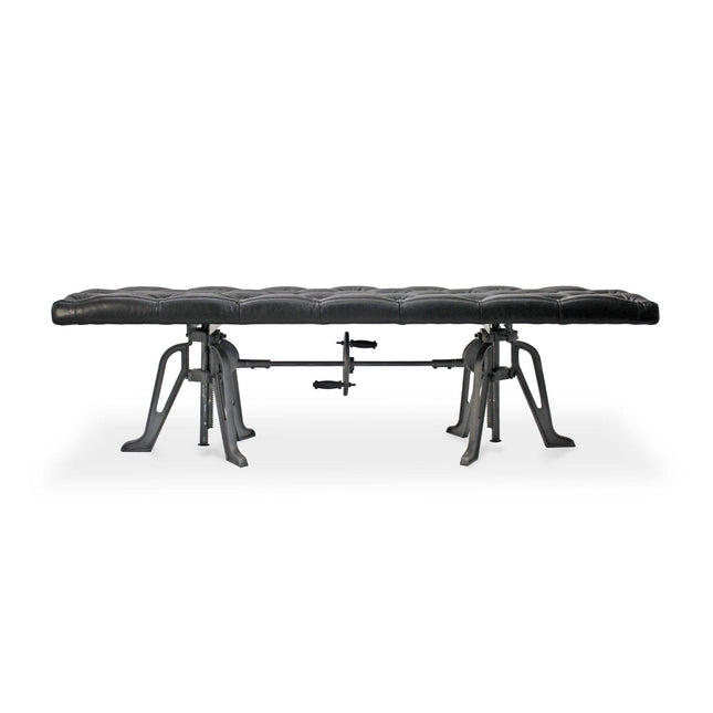 Adjustable Industrial Dining Bench - Cast Iron - Black Tufted Leather - 70" - Rustic Deco