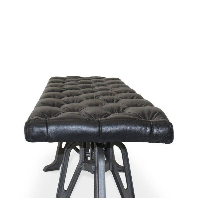 Adjustable Industrial Dining Bench - Cast Iron - Black Tufted Leather - 70" - Rustic Deco
