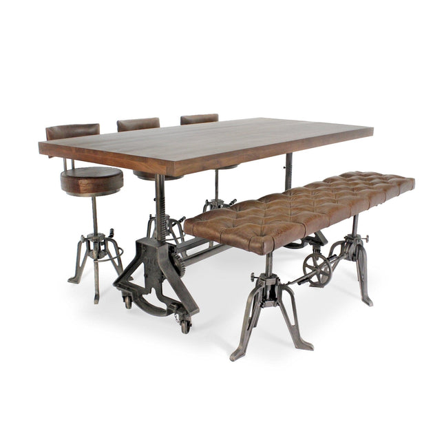 Adjustable Industrial Dining Bench - Cast Iron - Brown Tufted Leather - 70" - Rustic Deco