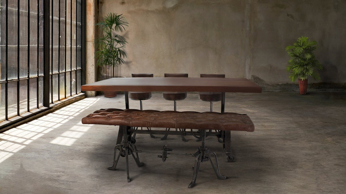 Adjustable Industrial Dining Bench - Cast Iron - Brown Tufted Leather - 70" - Rustic Deco