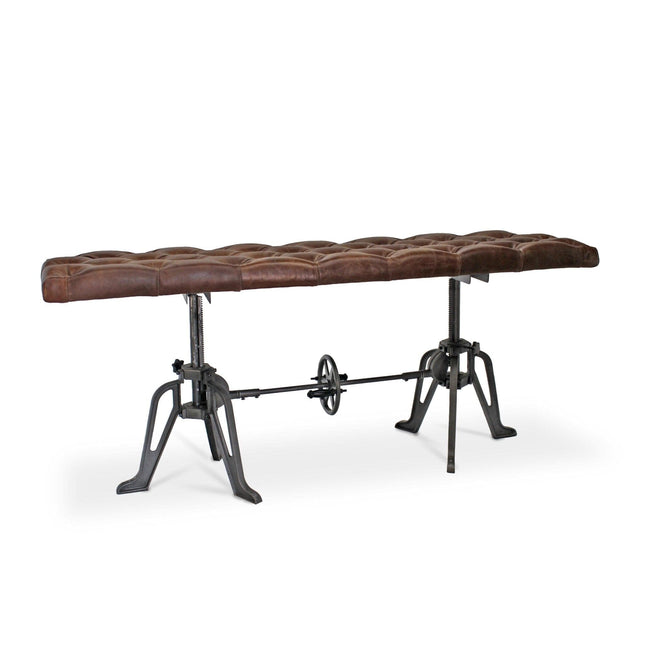 Adjustable Industrial Dining Bench - Cast Iron - Brown Tufted Leather - 70" - Rustic Deco