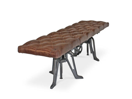 Adjustable Industrial Dining Bench - Cast Iron - Brown Tufted Leather - 70" - Rustic Deco